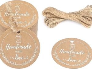 G2PLUS 100PCS Handmade Gift Tags, Handmade with Love Tags, 2” Round Handmade Tags, Kraft Paper Gift Tags with String for Gift Wrapping, Arts & Crafts, Wedding Party Favors