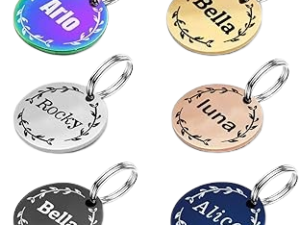 Stainless Steel Pet ID Tag Dog Name Tags Personalized Front and Back Engraving, Customized Dog Tags and Cat Tags, Optional Engraved on Both Sides (Black-Round-Floral)