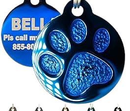 Engraved Pet Tag for Dogs and Cats – Personalized Front & Back up to 4 Lines of Text Custom Engraved ID, Round Paw Print Solid Plating Stainless Steel Blue Regular