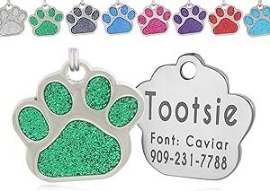 Pet ID Tags, Personalized Dog Tags and Cat Tags, Custom Engraved, Easy to Read, Cute Glitter Paw Pet Tag (Green)