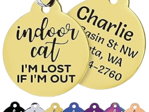 GoTags Cat Tags Personalized Small, Indoor Cat Tag Engraved with 4 Lines of Custom ID for Collars, I’m Lost If I’m Out Cat Name Tags, Gold Stainless Steel Pet ID Tag, Round