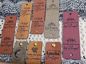 Customized 3 x 0.95 inches Faux Leather Product Tags With Rivets, Personalized Tags for Knitting Crochet, Cute Labels Handmade Perfect for Hats Beanies Scarves & More, Labels for knits