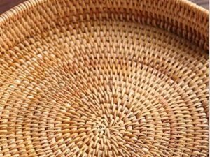 Rattan Round Serving Tray, Hand Woven Serving Basket with Cut – Out Handles, Wicker Fruit/Bread Serving Basket, 11.8 inch