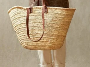 STRAW BAG Handmade with leather, French Market Basket, French market bag, Straw basket, French basket, grocery market bag