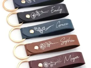 Personalized Birth Flower Key Chain with Name | Custom Leather Keychain | Engraved Handmade Keychain for Women | Ideal Christmas, Wedding, and Birthday Gifts