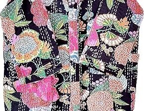 Tropical Print Women wear Handmade Comfortable Kantha Kimono Front Open Wear Mid-Length Lightweight Cotton Jacket (Black)