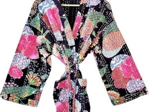 Tropical Print Women wear Handmade Comfortable Kantha Kimono Front Open Wear Mid-Length Lightweight Cotton Jacket (Black)