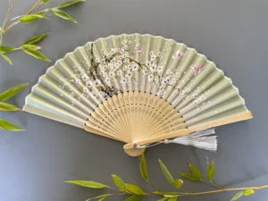 Light Green/Ivory Silk Handheld Fan with Bamboo Ribs | Butterfly & Sakura Flower Design