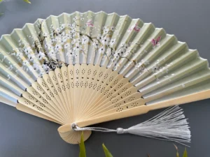 Light Green/Ivory Silk Handheld Fan with Bamboo Ribs | Butterfly & Sakura Flower Design