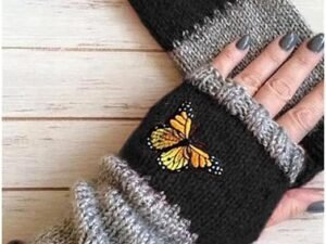 Butterfly Embroidery Fingerless Gloves for Womens Handmade Knitting Mittens Warmer Gloves for Cold Weather