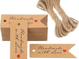 G2PLUS 100PCS Handmade Gift Tags, Handmade with Love Tags, 2.8”x1” Mini Handmade Tags, Kraft Paper Gift Tags with String for Gift Wrapping, Arts & Crafts, Wedding Party Favors